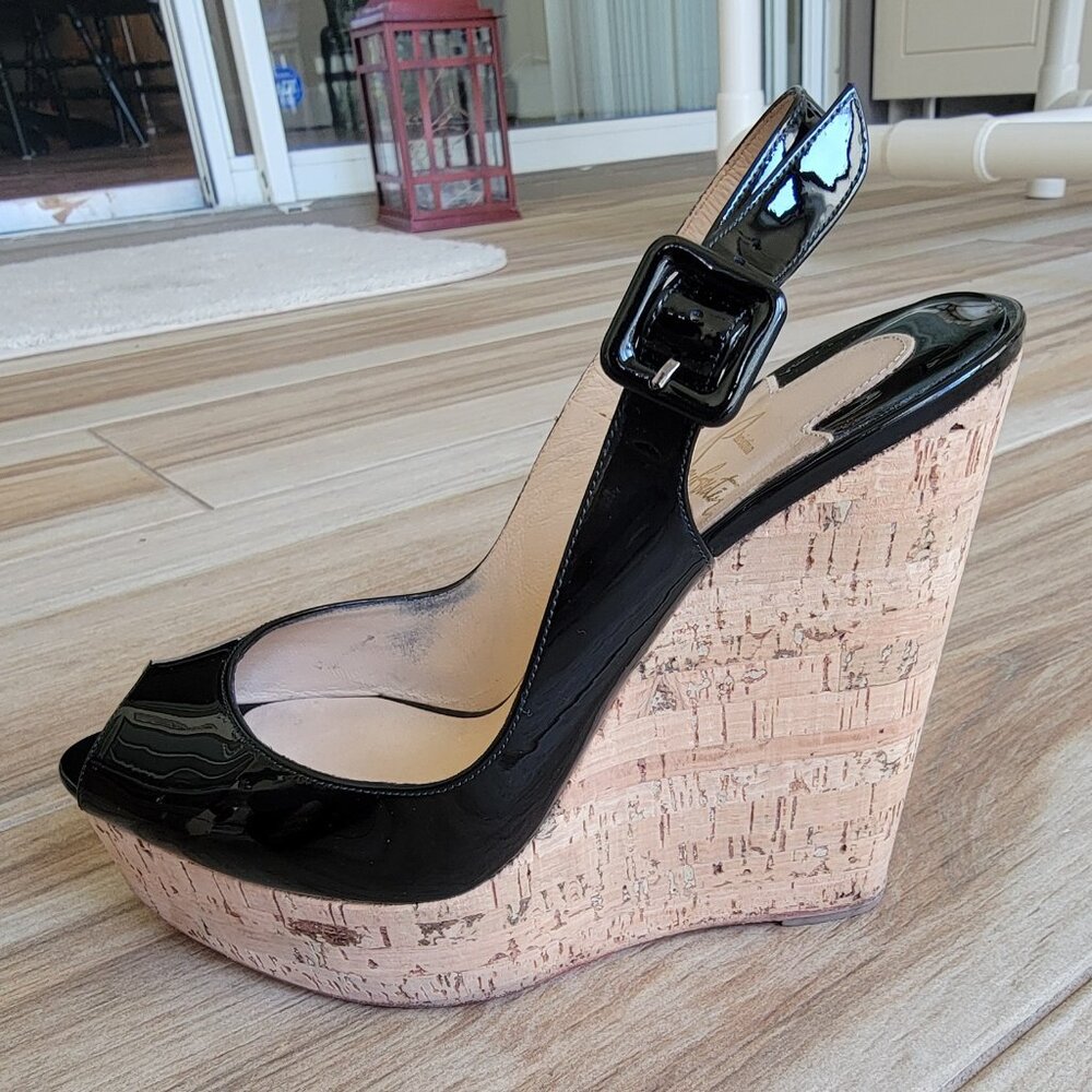 Christian Louboutin Une Plume Sling 140 Patent Black Cal/Cork Zeppa Wedge Eur.39
